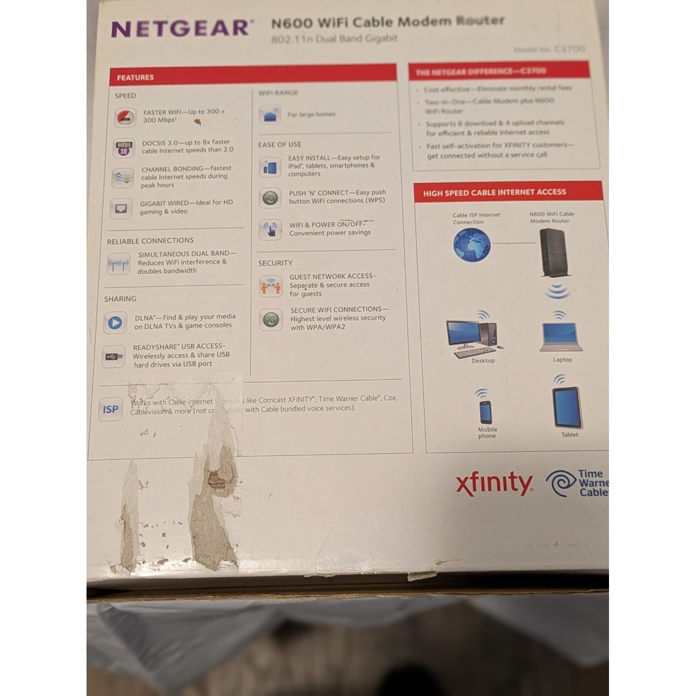 Netgear N600 WiFi Cable Modem‎ Router C3700 Black Docsis 3.0 - No Ethernet Cable - Picture 3 of 4